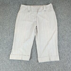 First Option Women Capri Pants Size 12 Tan Pinstripe Stretch Cropped Office Work
